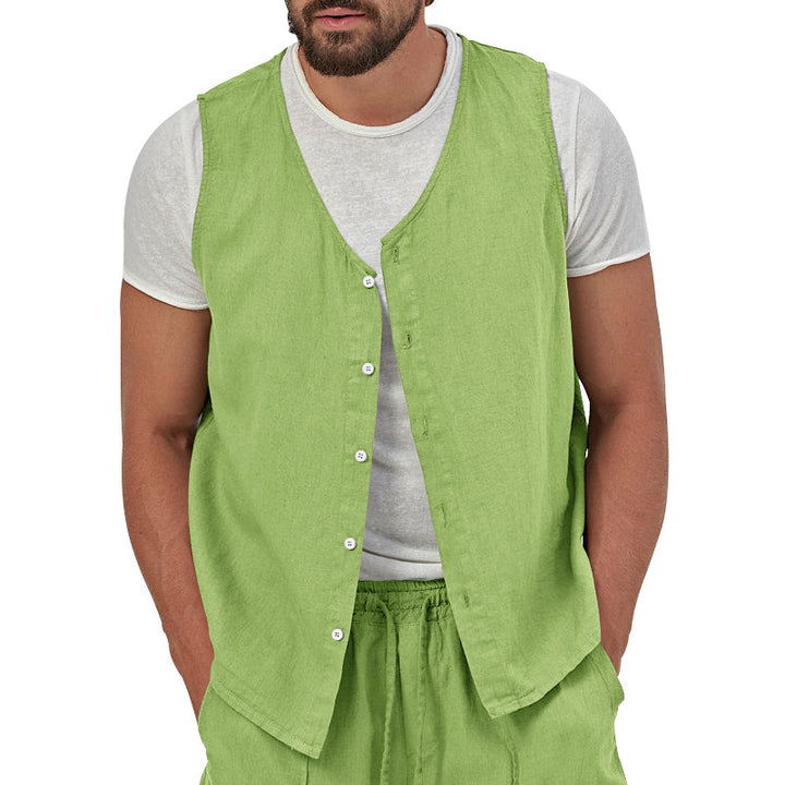 Men's casual sleeveless shirt waistcoat made of linen-cotton blend with V-neck and full button placket Mune Fashion