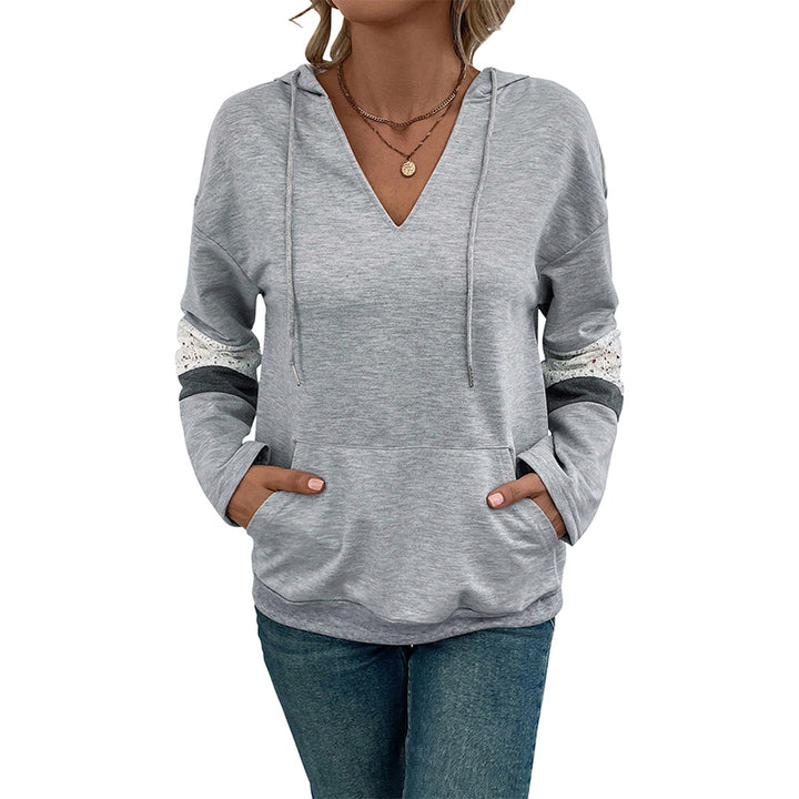Women's V-neck hoodie sweatshirt with lace trim on the sleeves and kangaroo pocket Mune Fashion