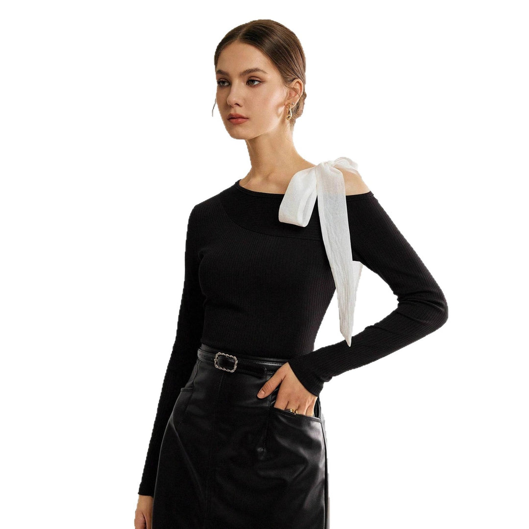 Women Asymmetric One-Shoulder Ribbed Top with Ribbon Strap Mune Fashion