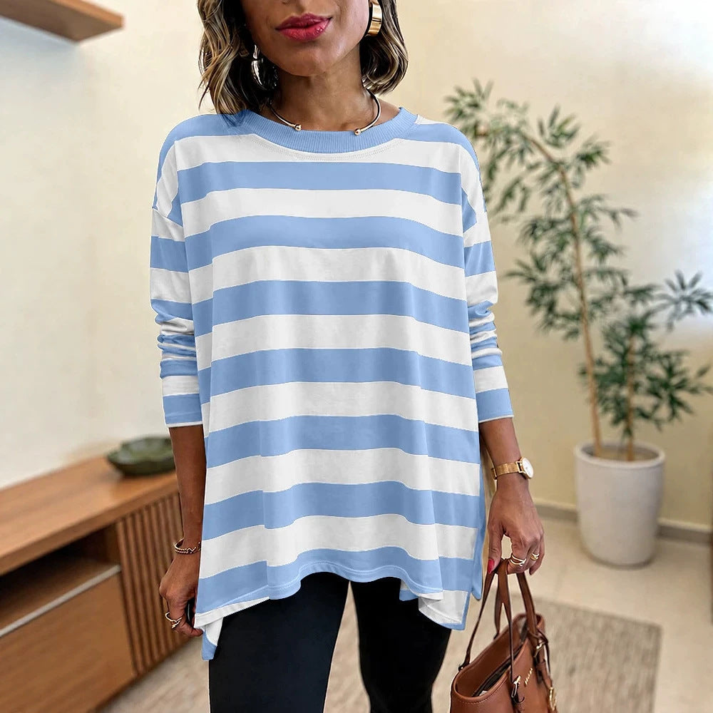 Women Oversized Striped Long Sleeve with Round Neckline and Rounded Hem Drune