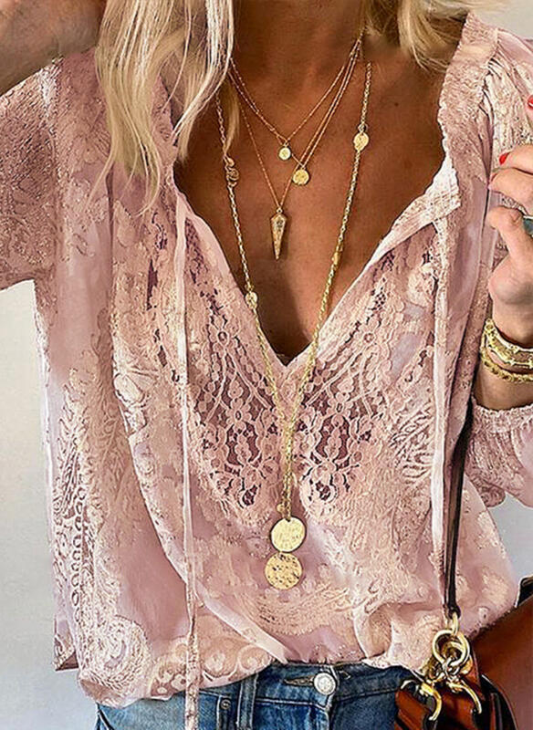 Ladies Elegant and Feminine Blouse with V-Neck and Lace Accents Mune