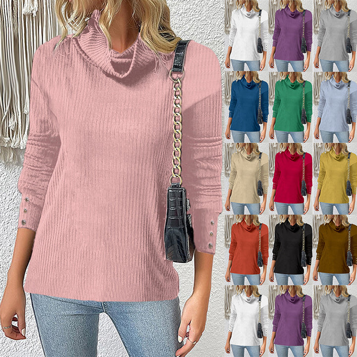 Women's Ribbed Turtleneck Sweater with 3/4 Sleeves and Decorative Button Placket Mune Fashion