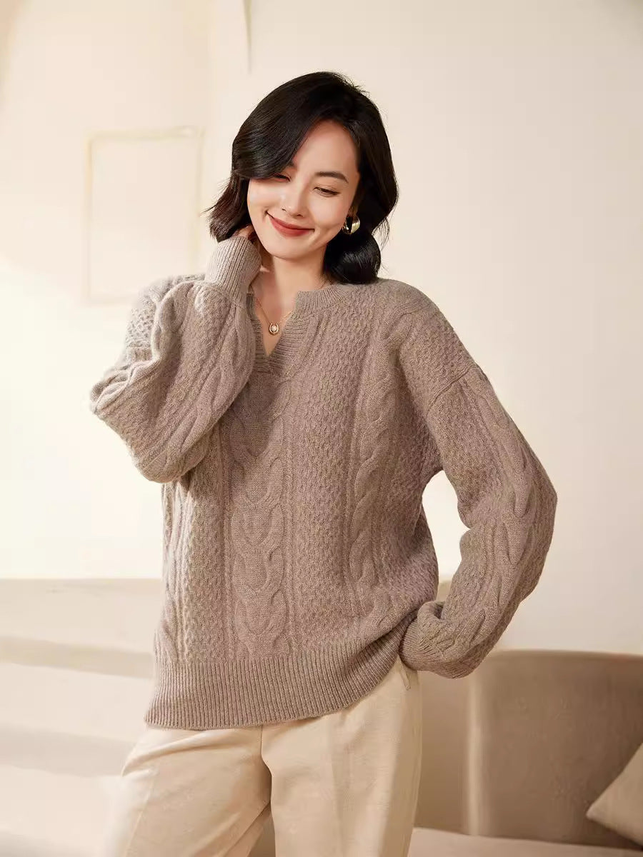 Women's Oversize Cable Knit Sweater with V-Inset and Cashmere-like Softness Mune Fashion