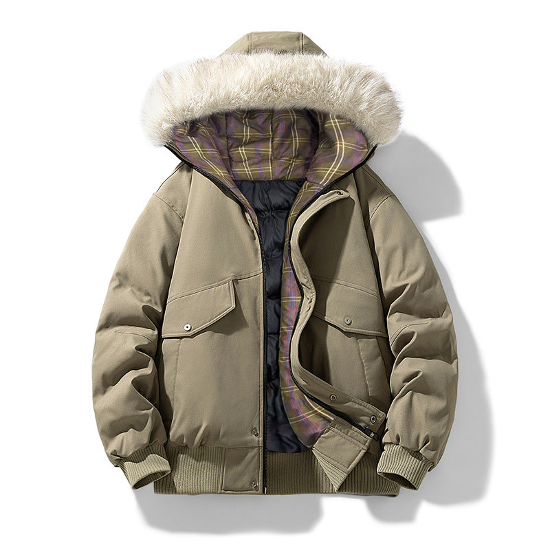 Men's Padded Winter Jacket with Faux Fur Hood, Quilted Checkered Lining and Bomber Cuffs Mune Fashion