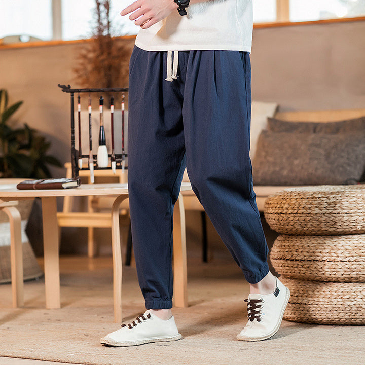 Men's lightweight cotton-linen jogging pants with drawstring elastic cuffs and side pockets Mune Fashion