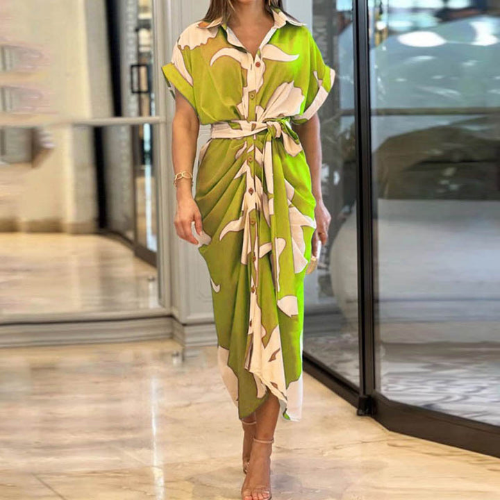 Women’s draped shirt midi dress with waist tie belt, side draping and button placket Mune Fashion