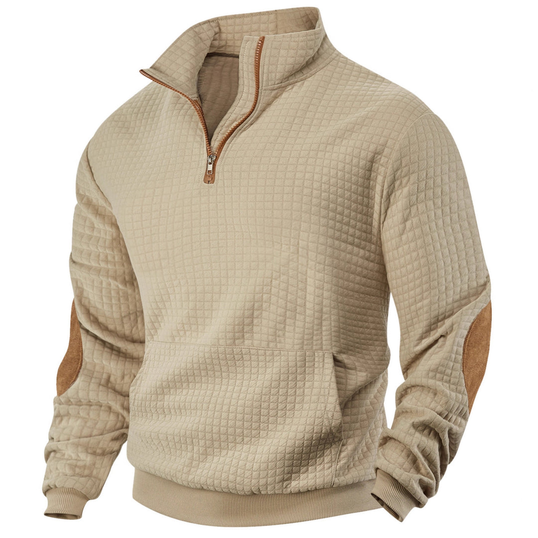 Men's waffle texture half-zip with stand-up collar, kangaroo pocket, and suede look elbow patches Mune Fashion