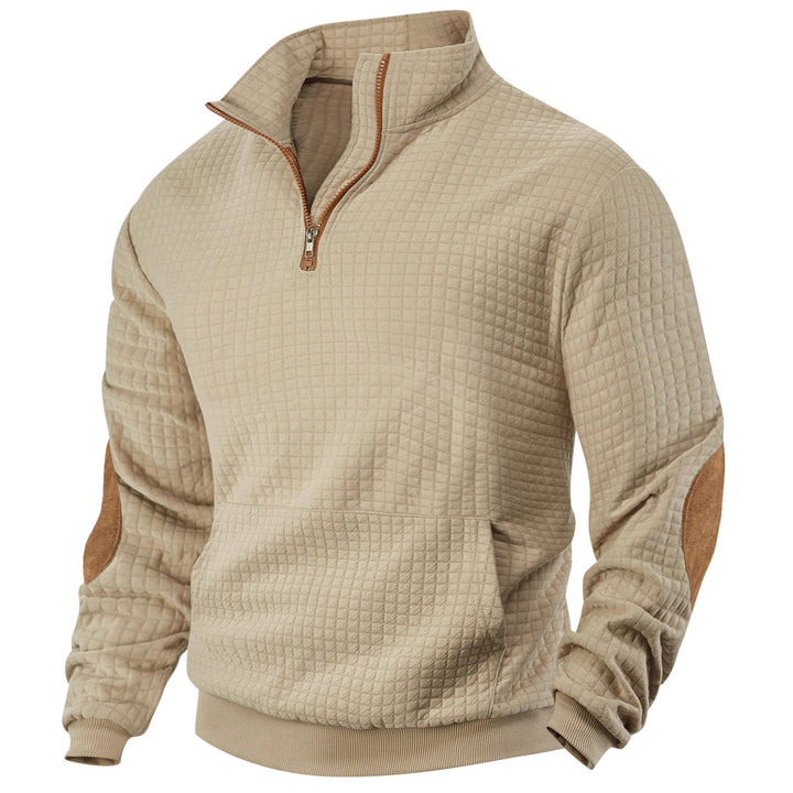 Men's waffle texture half-zip with stand-up collar, kangaroo pocket, and suede look elbow patches Mune Fashion