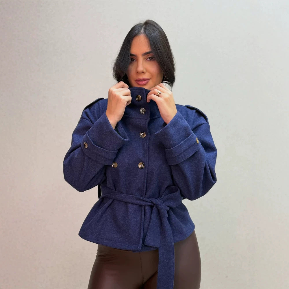 Women Short Double-Breasted Coat with Stand Collar and Tied Belt Mune Fashion