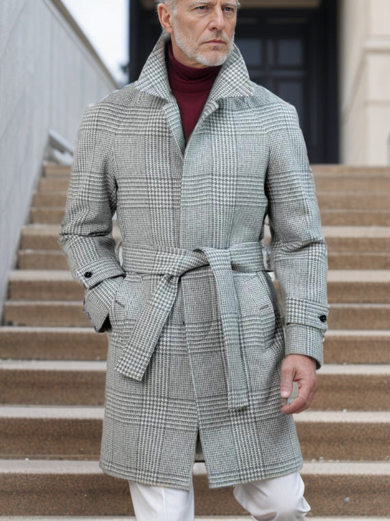 Men's Glencheck Wool Coat with Waist Belt and Stand-up Collar Mune Fashion