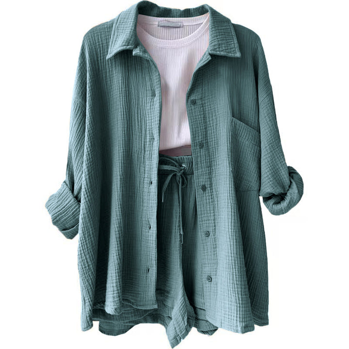 Women's casual oversized shirt and shorts set with chest pocket, drawstring, and brushed cotton texture Mune Fashion