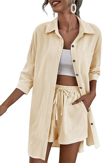 Women's Lightweight Longline Shirt Jacket Set with Elastic High-Waist Shorts Mune Fashion