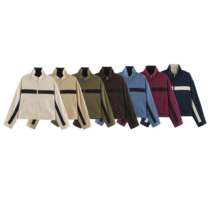Unisex Short Cut Track Jacket with Stand-Up Collar, Contrast Stripes and Zipper Mune Fashion