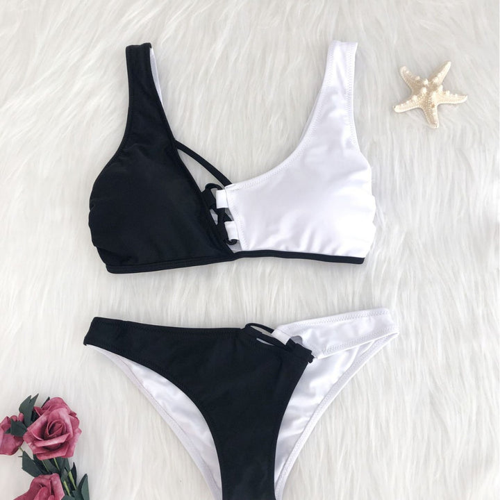 Ladies' Ultra-Modern Bikini Set with Asymmetrical Cut and Lace-Up Details Mune Fashion