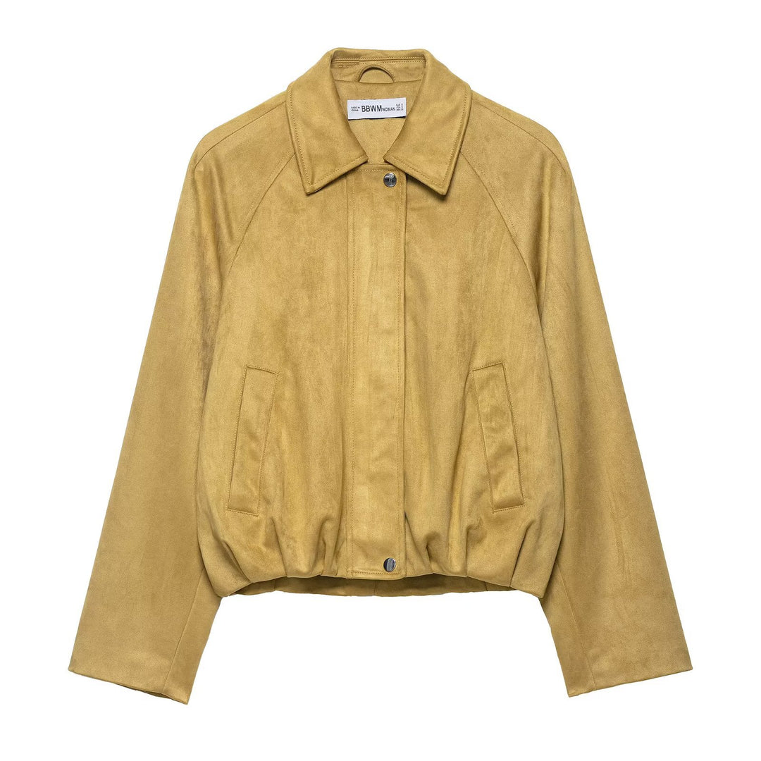 Women's short-cut suede look bomber jacket with raglan sleeves and elastic hem Mune Fashion