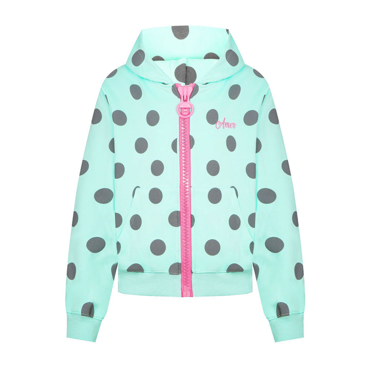 Women's cropped hooded zip jacket with large polka dot pattern and decorative zipper Mune Fashion