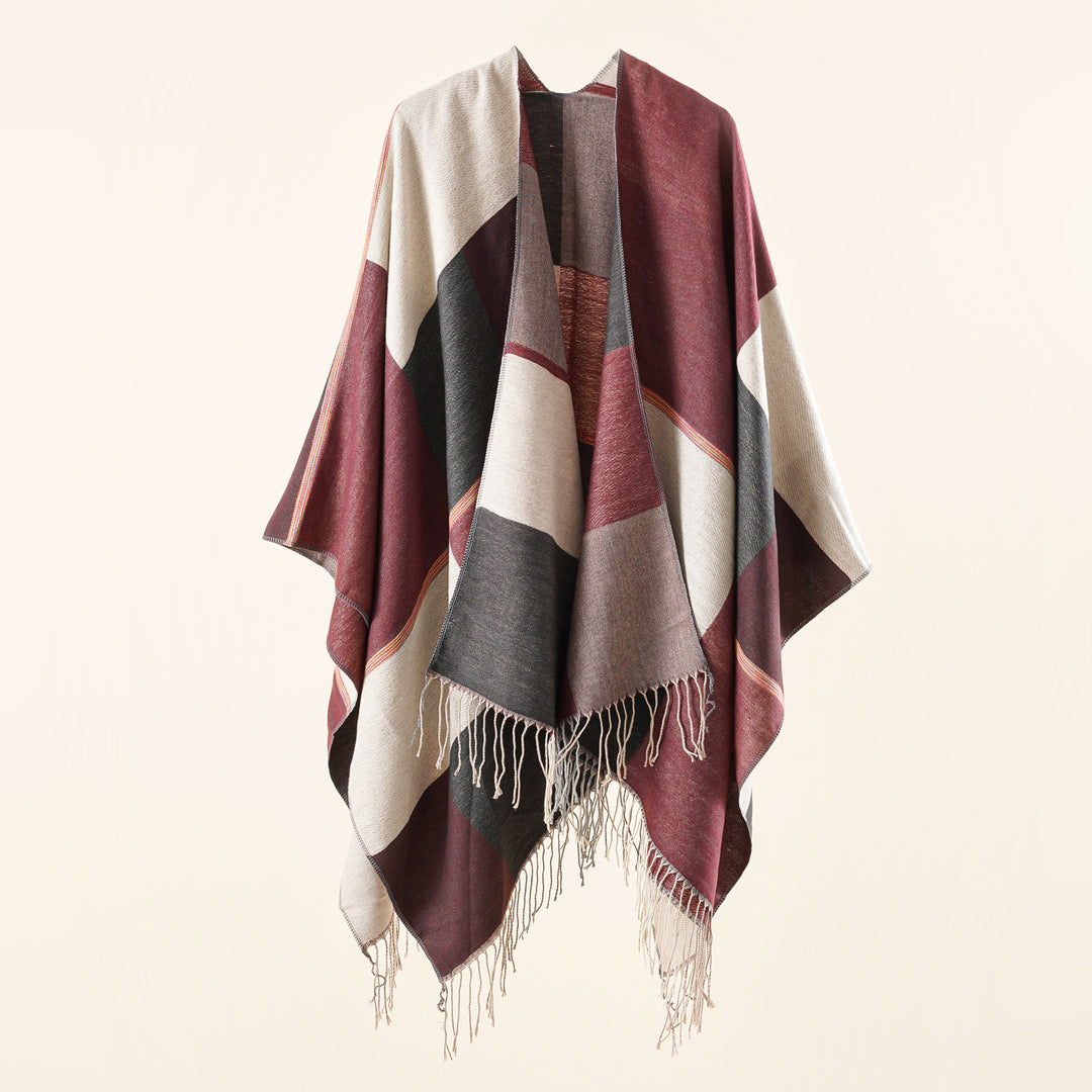 Ladies Lightweight Woven Ruana with Geometric Block Pattern and Fringe Hem Mune Fashion