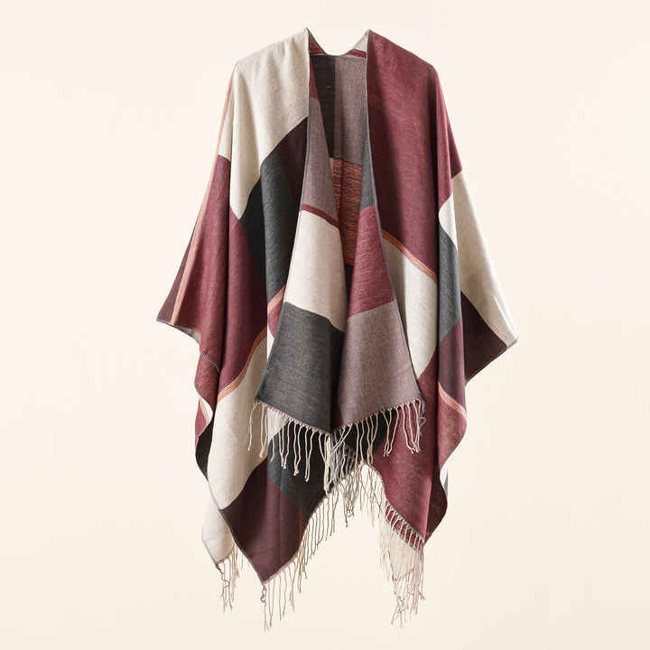 Ladies Lightweight Woven Ruana with Geometric Block Pattern and Fringe Hem Mune Fashion