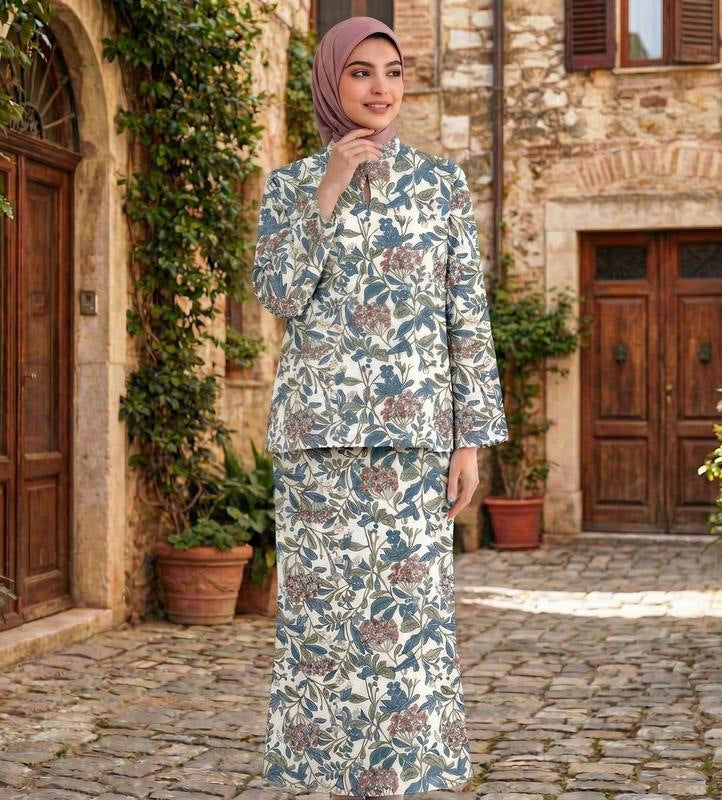 Ladies Two-Piece Modest Set consisting of Tunic with Stand-up Collar and Straight Maxi Skirt with Floral Print Mune Fashion