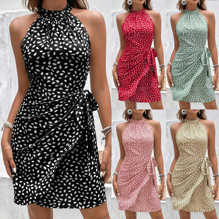 Women Halter Wrap Dress made of lightweight satin with tie belt Mune Fashion