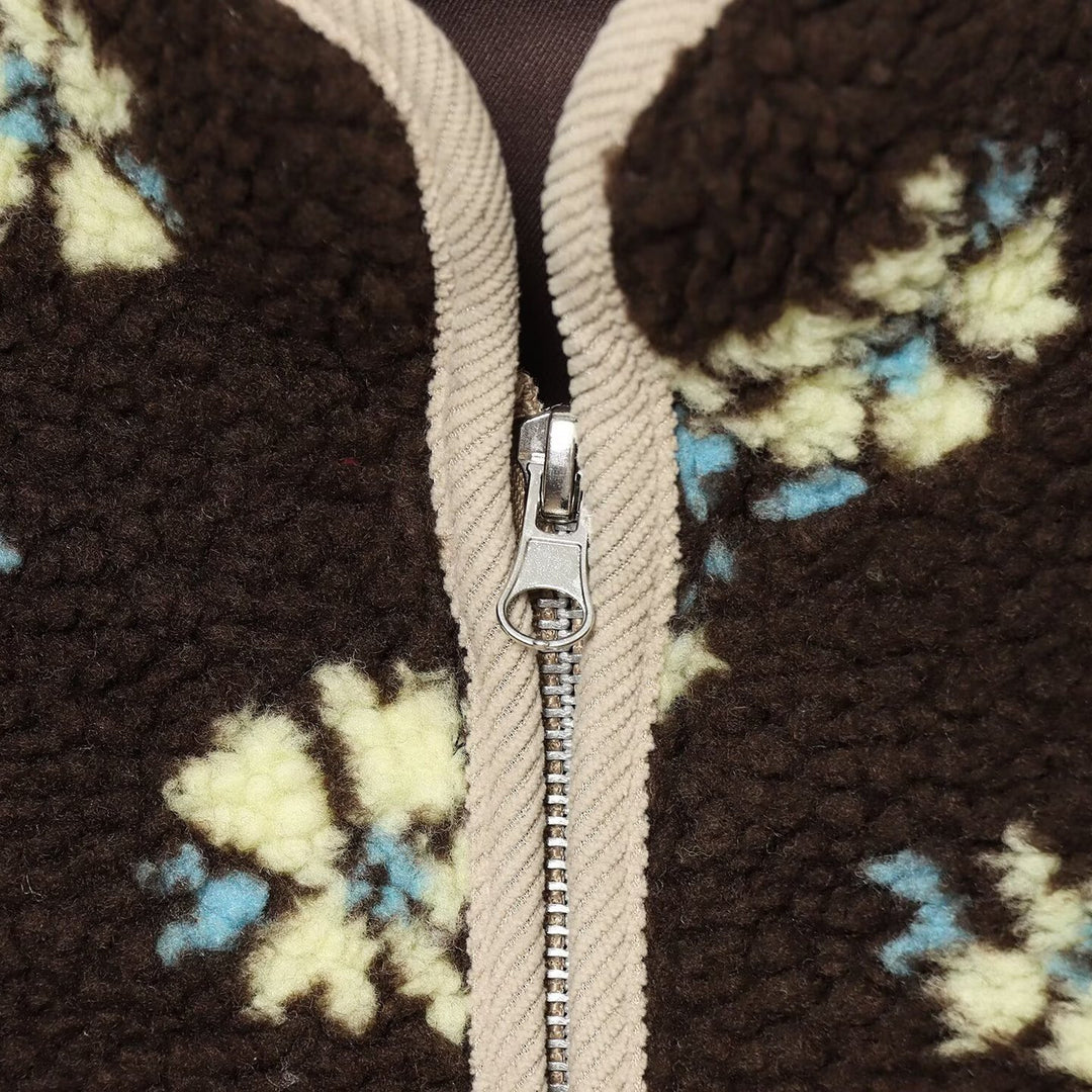 Women's teddy fleece jacket with floral allover pattern, stand-up collar and zipper Mune Fashion