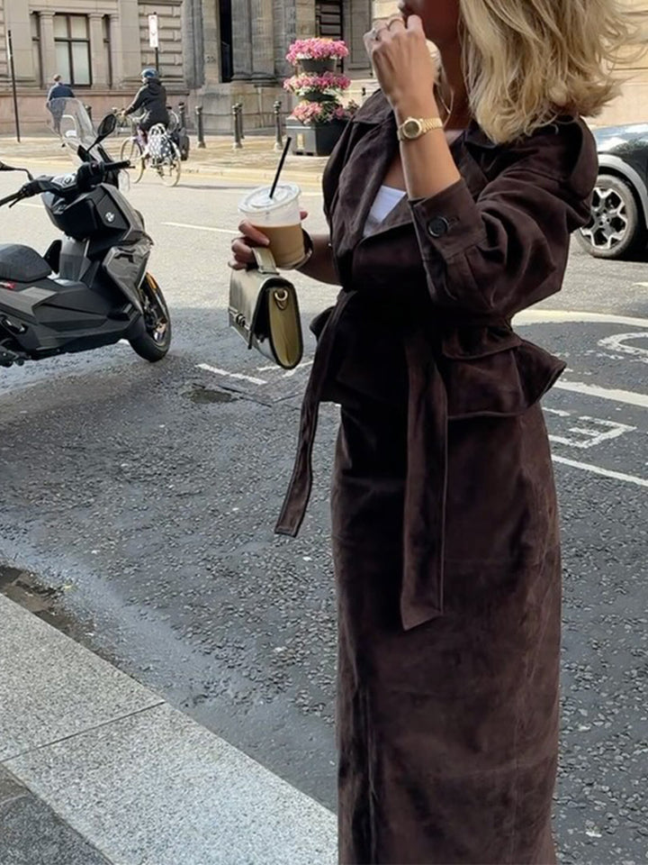 Women Velvet-Suede Trench Coat with Waist Belt and Peplum Silhouette Mune Fashion