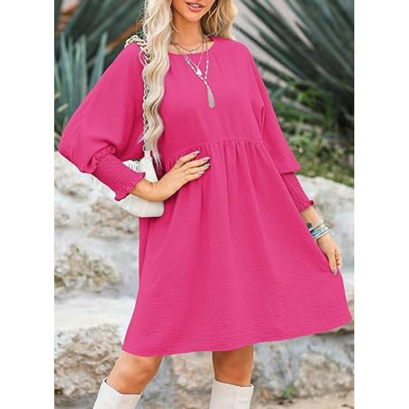 Women's Loose Babydoll Dress with Balloon Sleeves and Gathered Waist Mune Fashion