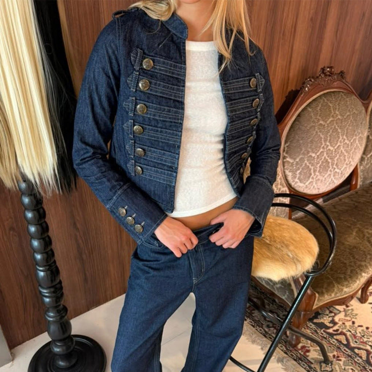 Ladies military-inspired tailored short jacket with decorative pleats and metal buttons Mune Fashion