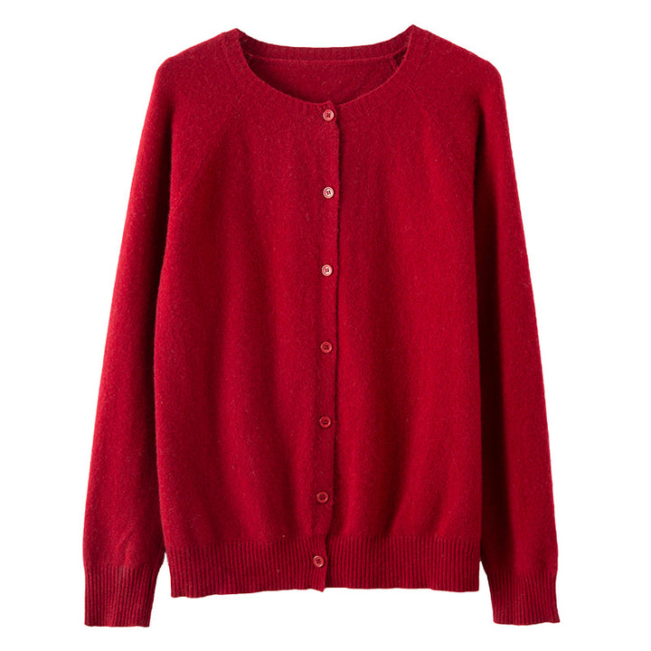 Women's Short-Cut Fine Knit Cardigan with Round Neckline and Boxy Fit Mune Fashion
