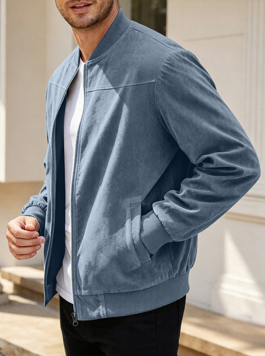 Men's Lightweight Bomber Jacket in Velour Look with Zipper and Ribbed Cuffs Mune Fashion