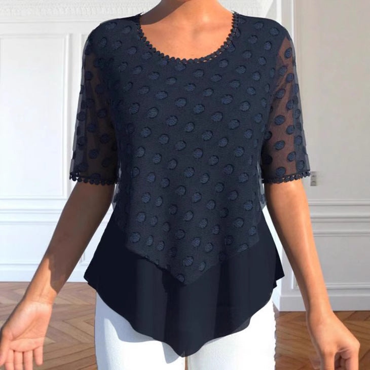 Women's elegant layered blouse with transparent tulle overlay, polka dot structure and asymmetrical pointed hem Mune Fashion