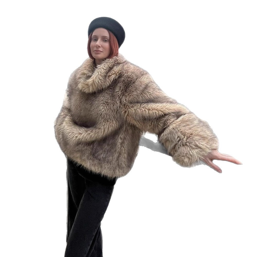 Women's Short Cut Faux-Fur Boxy Coat with Hood and Zip Mune Fashion