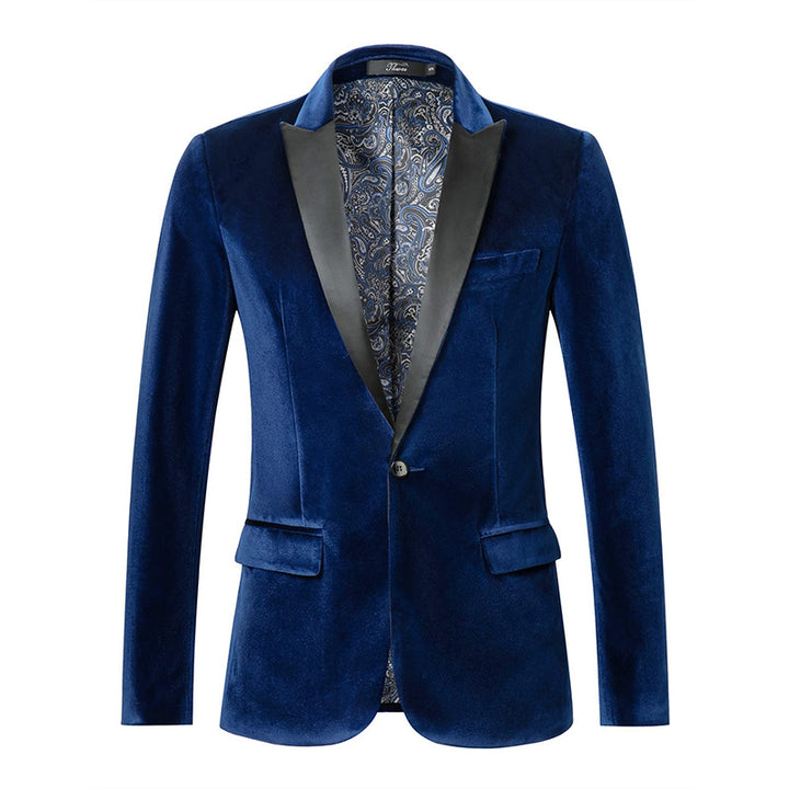 Men's tailored velvet tuxedo jacket with satin lapels and single-button closure Mune Fashion