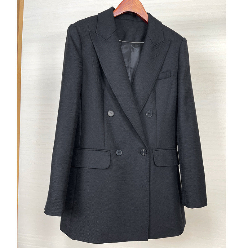 Women Tailored Longline Blazer with Double-Breasted Button Placket and Flap Pockets Mune Fashion