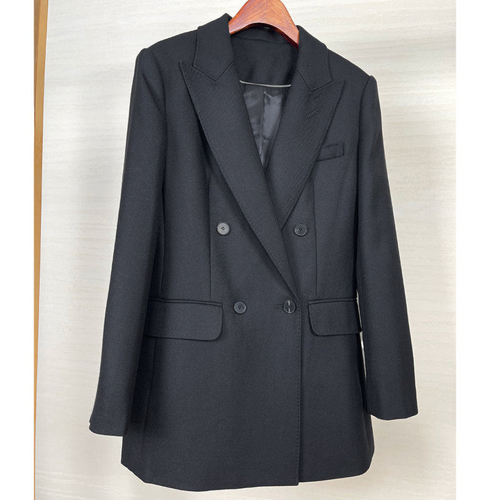 Women Tailored Longline Blazer with Double-Breasted Button Placket and Flap Pockets Mune Fashion