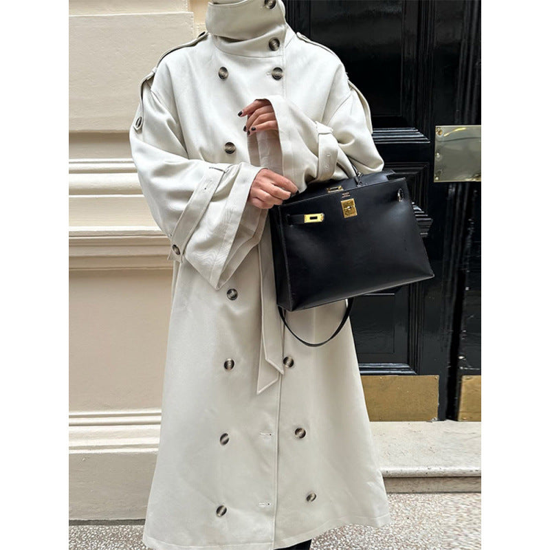 Women's Long Oversized Trench Coat with High Stand Collar, Bell Sleeves and Tie Belt Mune Fashion