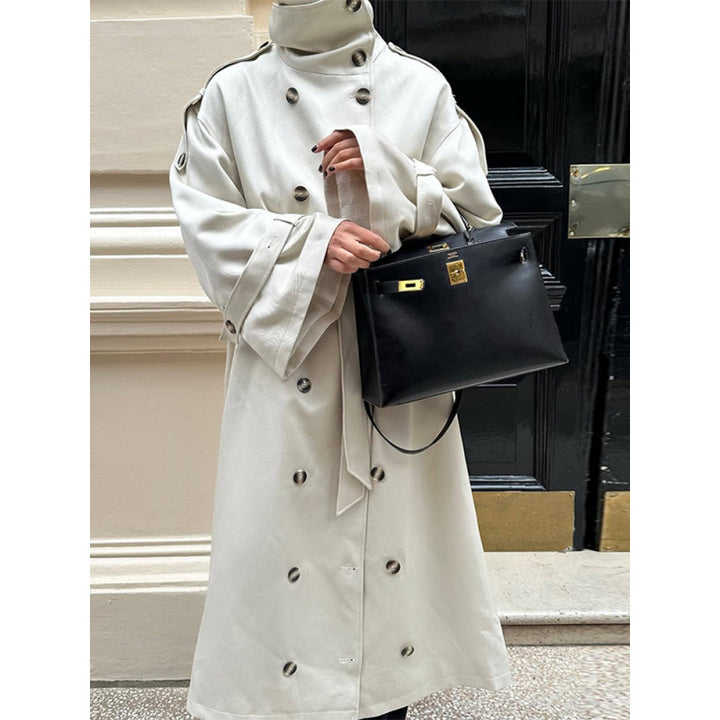 Women's Long Oversized Trench Coat with High Stand Collar, Bell Sleeves and Tie Belt Mune Fashion