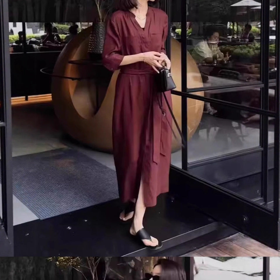 Women's Linen Jumpsuit with Tailored Tie Belt and 3/4 Sleeves Mune Fashion