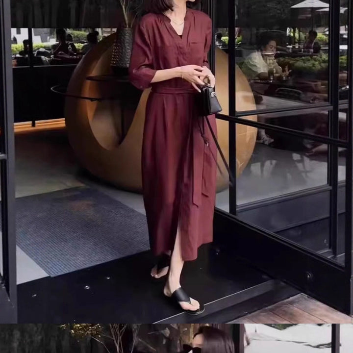 Women's Linen Jumpsuit with Tailored Tie Belt and 3/4 Sleeves Mune Fashion