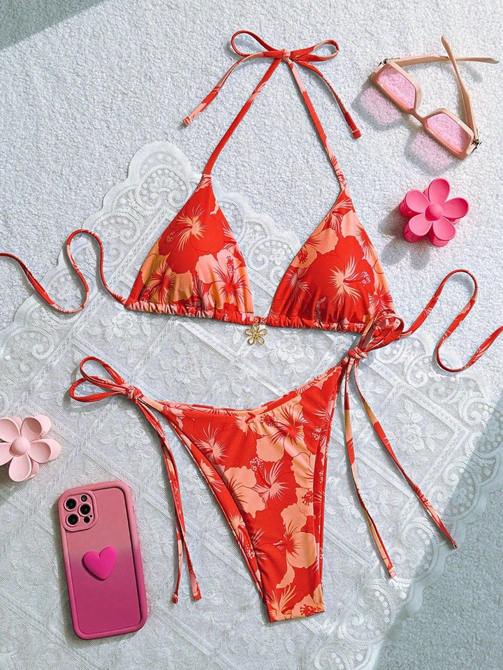 Women's triangle bikini with floral accents and intricate ties Mune Fashion