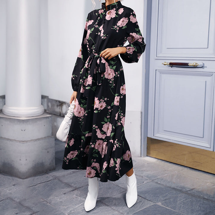 Women's maxi dress with stand-up collar, floral print, waistband and ruffle tier Mune Fashion