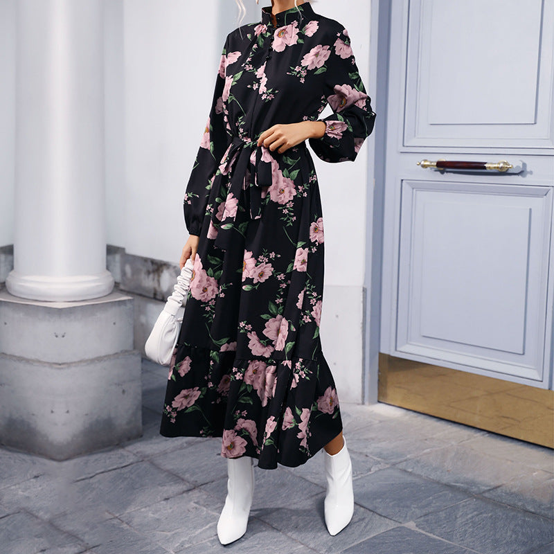 Women's maxi dress with stand-up collar, floral print, waistband and ruffle tier Mune Fashion