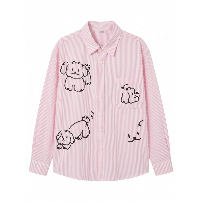 Women Oversize Striped Shirt with Hand-Drawn Dog Print and Chest Pocket Mune Fashion