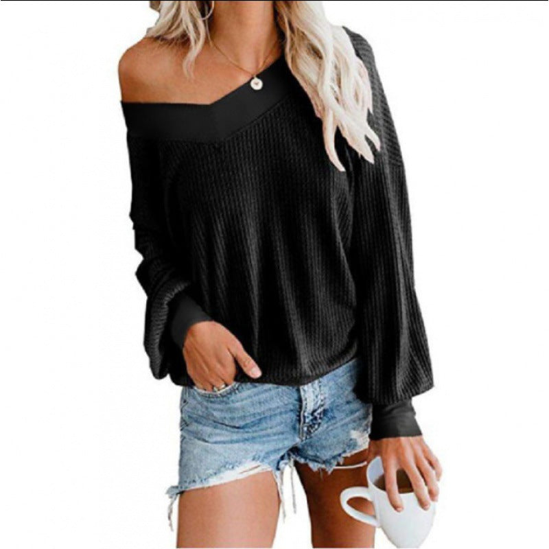Women Loose Waffle Knit Sweater with Wide Off-Shoulder Neckline and Oversized Cut Mune Fashion
