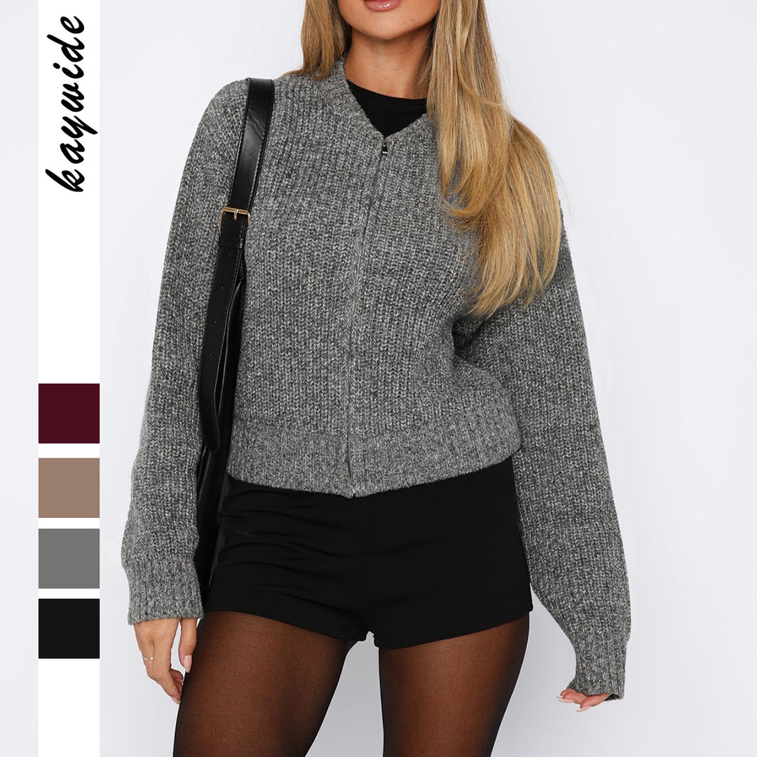 Women's short zip knit top with ribbed hem, dropped shoulder and soft wool blend Mune Fashion