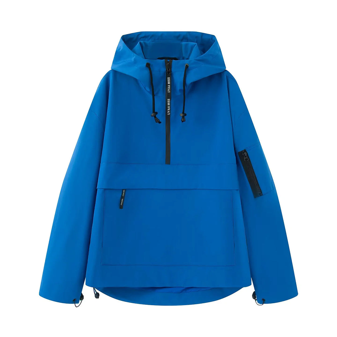 Women's windproof anorak pullover jacket with hood, half zipper, and large kangaroo pocket Mune Fashion