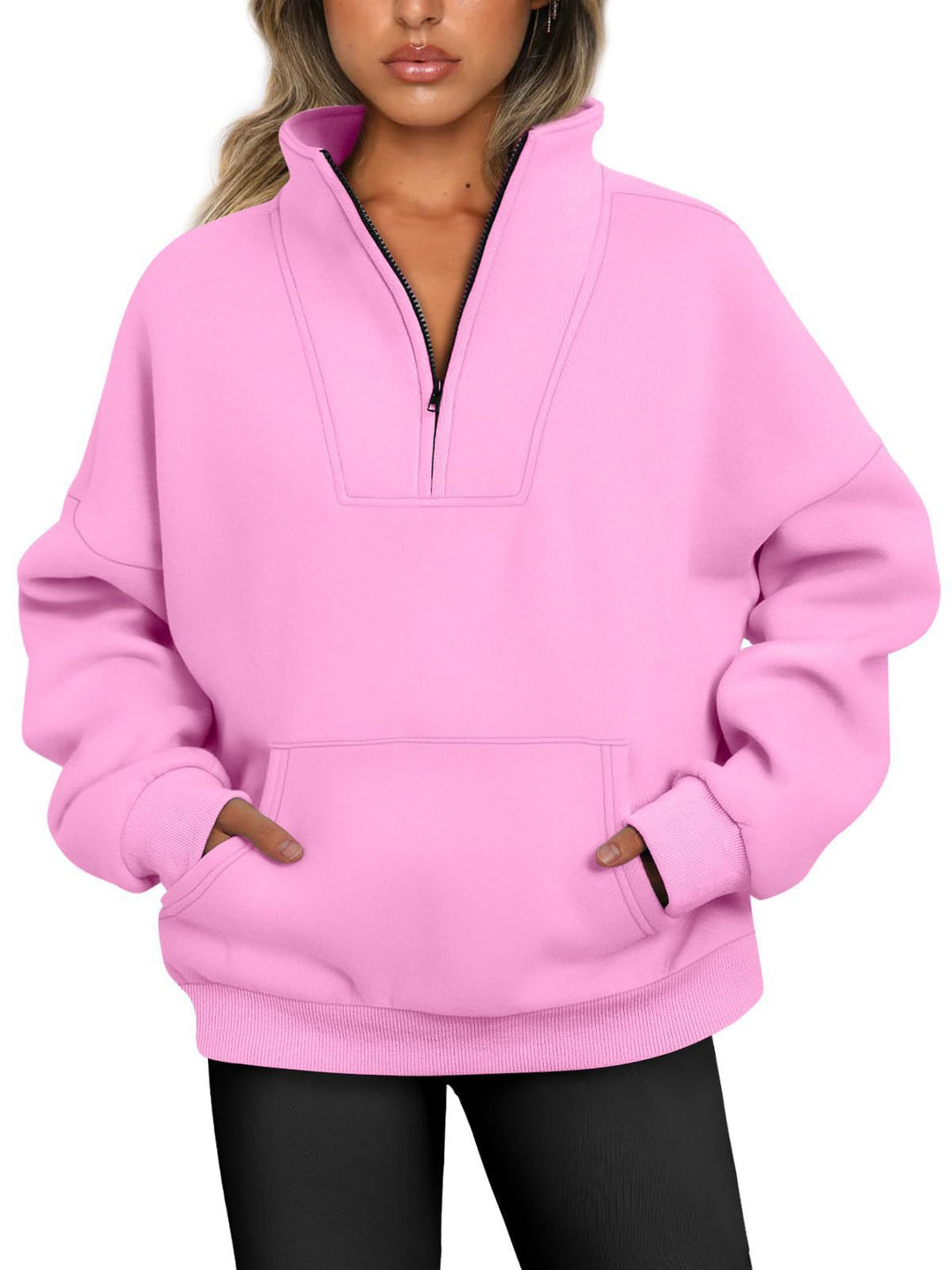 Women's oversized half-zip hoodie with high stand collar, kangaroo pocket, and ribbed cuffs Mune Fashion