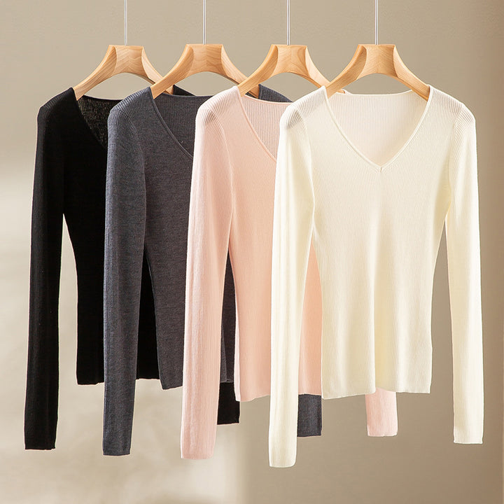 Women's Fine Rib Knit Sweater with Deep V-Neck and Tailored Fit Mune Fashion