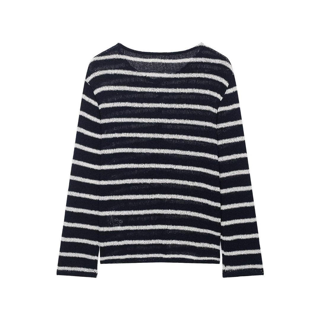 Women's Striped Knit Henley Sweater with Button Placket and Light Structure Drune
