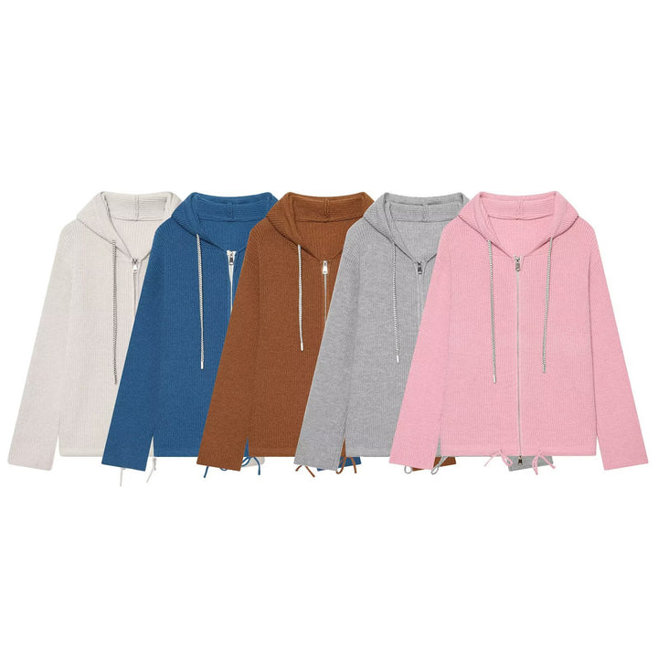 Women's knitted zip-up hoodie with full zip, ribbed texture and drawstring Mune Fashion